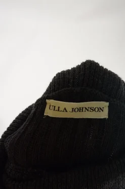 Charcoal alpaca-silk micro-rib Juliette sleeve turtleneck with self-covered shank button shoulder appliqué