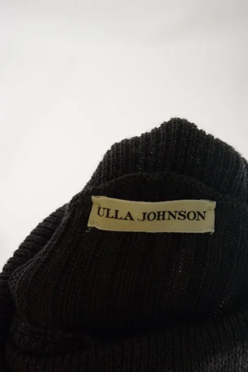 Charcoal alpaca-silk micro-rib Juliette sleeve turtleneck with self-covered shank button shoulder appliqué