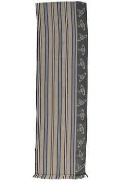 Charcoal and beige wool-silk blend orb stripe woven jacquard fringe scarf