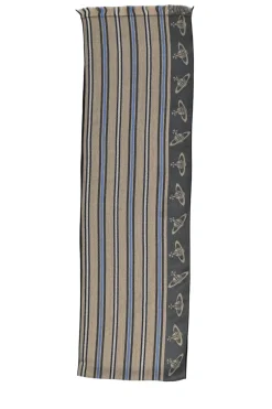 Charcoal and beige wool-silk blend orb stripe woven jacquard fringe scarf