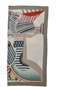 Charcoal and navy cashmere-silk blend 'La Selle Imaginaire' print scarf featuring art by Jan Bajtlik