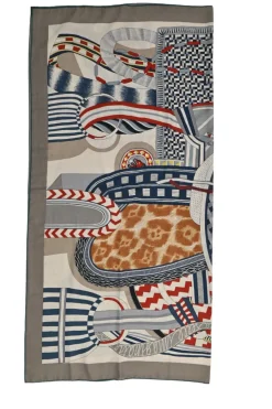 Charcoal and navy cashmere-silk blend 'La Selle Imaginaire' print scarf featuring art by Jan Bajtlik