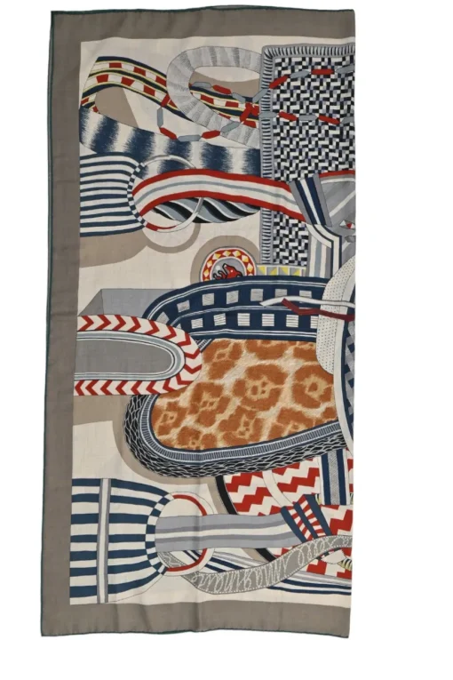 Charcoal and navy cashmere-silk blend 'La Selle Imaginaire' print scarf featuring art by Jan Bajtlik