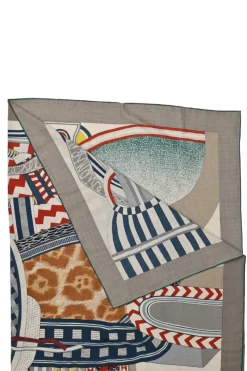 Charcoal and navy cashmere-silk blend 'La Selle Imaginaire' print scarf featuring art by Jan Bajtlik