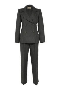 Charcoal angora-blend pinstripe double breasted tailored jacket and straight leg trouser suit set
