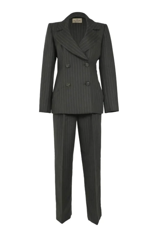Charcoal angora-blend pinstripe double breasted tailored jacket and straight leg trouser suit set