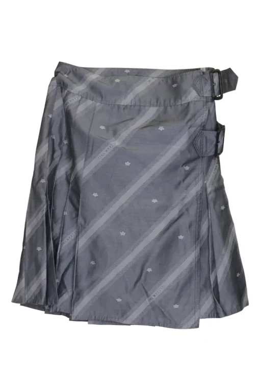 Charcoal bias-cut rayon-blend striped jacquard A-line kilt with stacked side buckle fastening