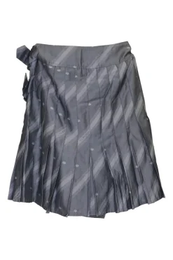 Charcoal bias-cut rayon-blend striped jacquard A-line kilt with stacked side buckle fastening