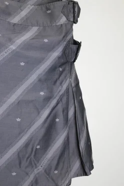 Charcoal bias-cut rayon-blend striped jacquard A-line kilt with stacked side buckle fastening