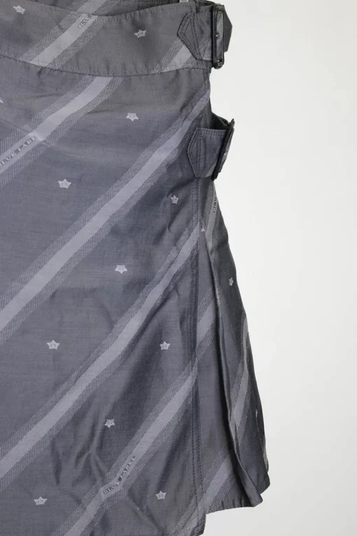 Charcoal bias-cut rayon-blend striped jacquard A-line kilt with stacked side buckle fastening