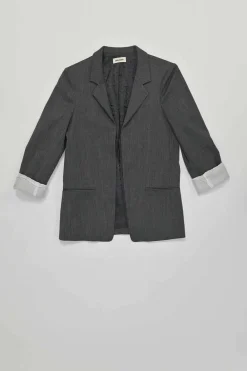 Charcoal distressed polyester-blend single breasted notch lapel blazer and cropped straight-leg trouser set
