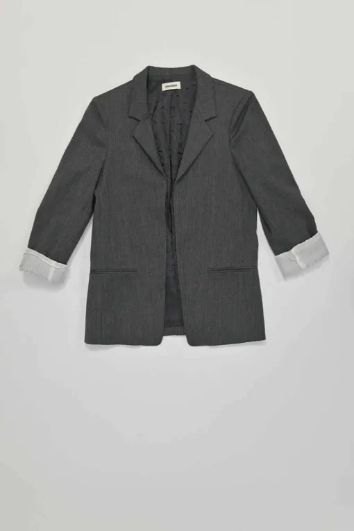 Charcoal distressed polyester-blend single breasted notch lapel blazer and cropped straight-leg trouser set