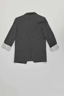 Charcoal distressed polyester-blend single breasted notch lapel blazer and cropped straight-leg trouser set