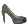 Charcoal fabric round-toe platform pumps with contrasting cap toe and Coco Mark ankle plaque