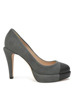 Charcoal fabric round-toe platform pumps with contrasting cap toe and Coco Mark ankle plaque