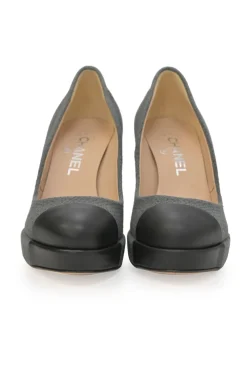 Charcoal fabric round-toe platform pumps with contrasting cap toe and Coco Mark ankle plaque