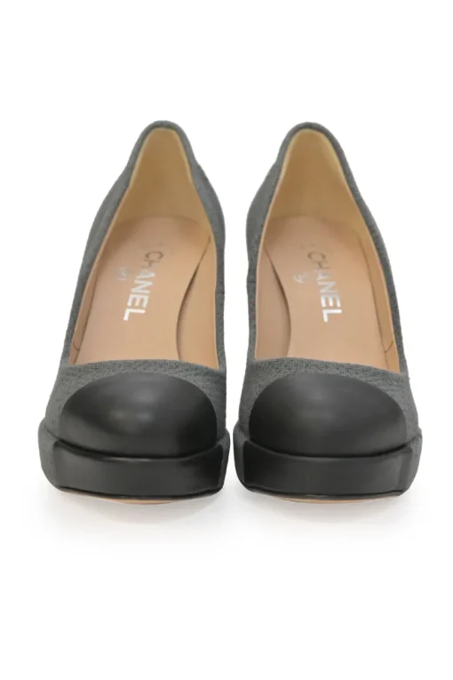 Charcoal fabric round-toe platform pumps with contrasting cap toe and Coco Mark ankle plaque