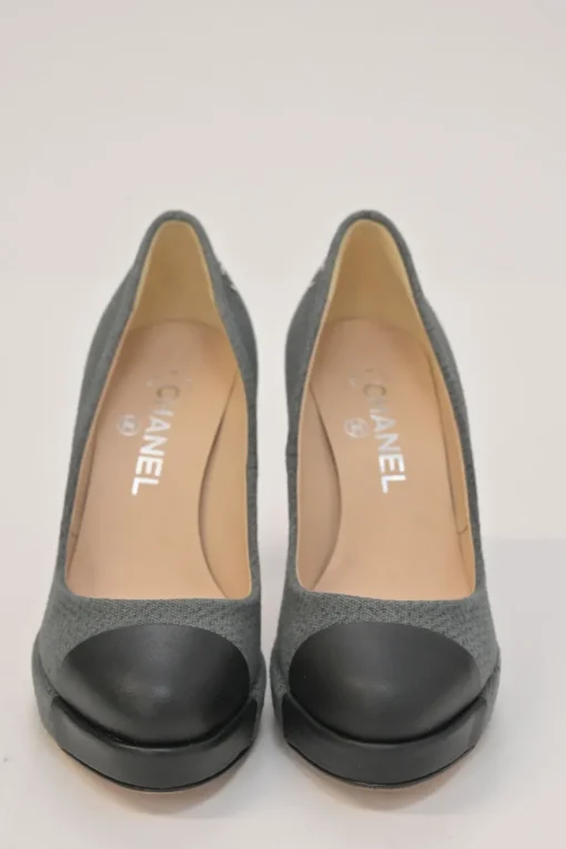 Charcoal fabric round-toe platform pumps with contrasting cap toe and Coco Mark ankle plaque