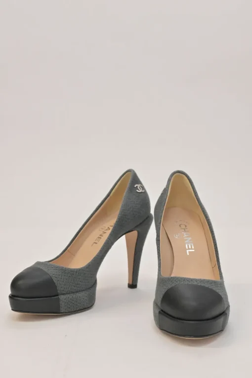 Charcoal fabric round-toe platform pumps with contrasting cap toe and Coco Mark ankle plaque