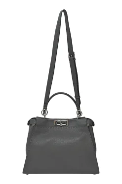 Charcoal grained leather Peekaboo Iconic satchel with detachable shoulder strap