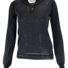 Charcoal knit lightweight long-sleeve top with perforated pattern at yoke