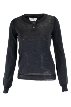 Charcoal knit lightweight long-sleeve top with perforated pattern at yoke