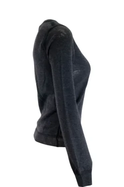 Charcoal knit lightweight long-sleeve top with perforated pattern at yoke