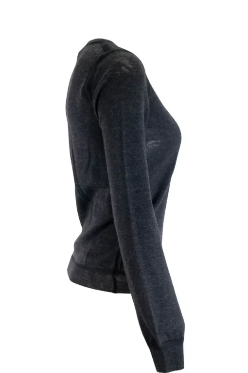 Charcoal knit lightweight long-sleeve top with perforated pattern at yoke