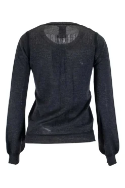 Charcoal knit lightweight long-sleeve top with perforated pattern at yoke