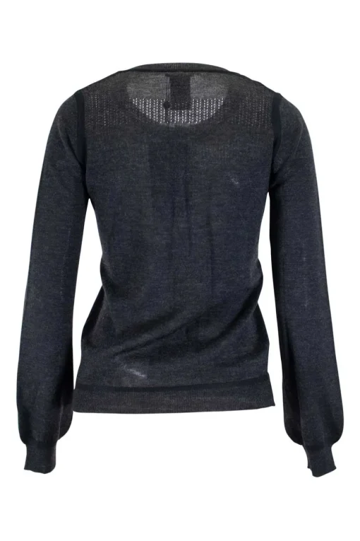 Charcoal knit lightweight long-sleeve top with perforated pattern at yoke