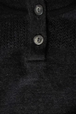 Charcoal knit lightweight long-sleeve top with perforated pattern at yoke