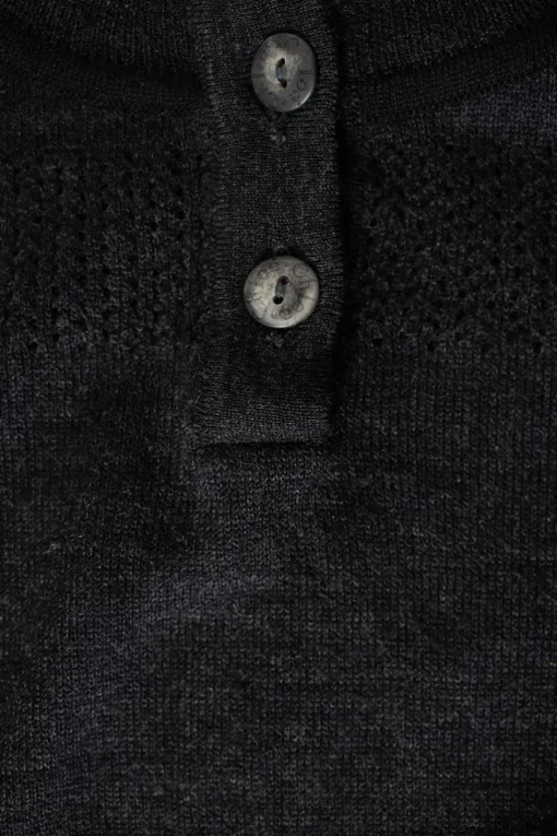 Charcoal knit lightweight long-sleeve top with perforated pattern at yoke