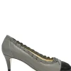 Charcoal leather round-toe ruffle edge cap toe pumps with topstitched Coco Mark detail