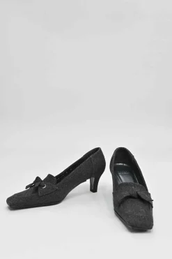 Charcoal melton-bonded leather square-toe mid-heel loafers