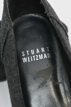 Charcoal melton-bonded leather square-toe mid-heel loafers