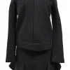 Charcoal merino melton three-piece set featuring collarless tailored jacket, strapless corset-style peplum top, and flounce mini skirt