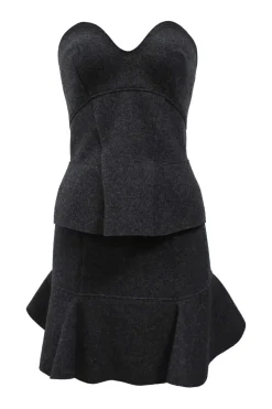 Charcoal merino melton three-piece set featuring collarless tailored jacket, strapless corset-style peplum top, and flounce mini skirt