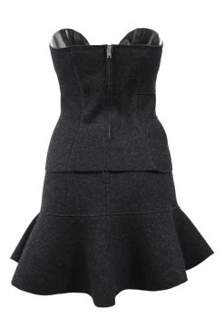 Charcoal merino melton three-piece set featuring collarless tailored jacket, strapless corset-style peplum top, and flounce mini skirt