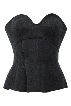 Charcoal merino melton three-piece set featuring collarless tailored jacket, strapless corset-style peplum top, and flounce mini skirt