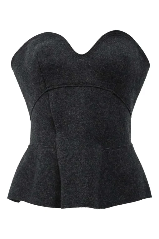 Charcoal merino melton three-piece set featuring collarless tailored jacket, strapless corset-style peplum top, and flounce mini skirt