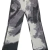 Charcoal ripstop nylon abstract digi-print mid-rise zip leg flared pants with drawstring waist
