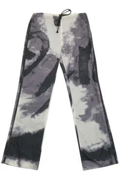 Charcoal ripstop nylon abstract digi-print mid-rise zip leg flared pants with drawstring waist