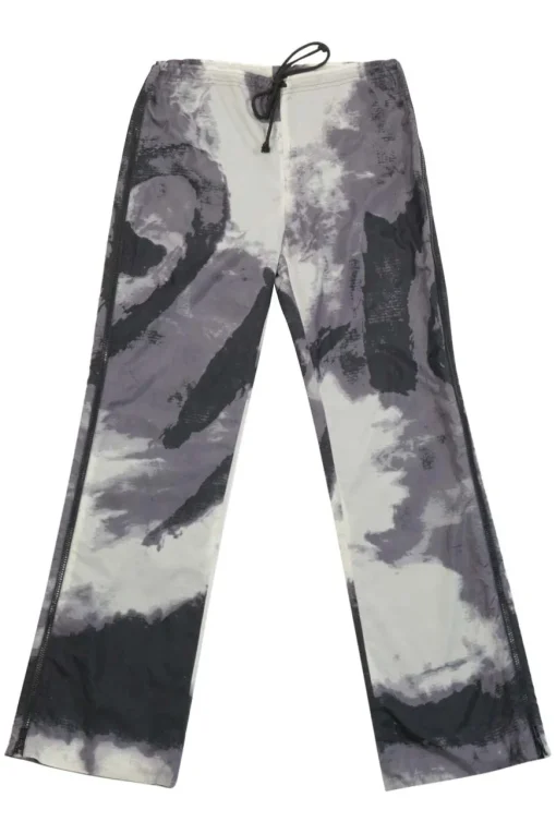 Charcoal ripstop nylon abstract digi-print mid-rise zip leg flared pants with drawstring waist