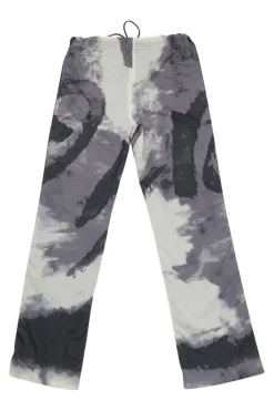 Charcoal ripstop nylon abstract digi-print mid-rise zip leg flared pants with drawstring waist