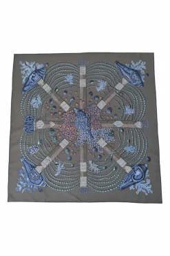 Charcoal silk 'Chemins De Corail' print scarf featuring original artwork by Annie Faivre