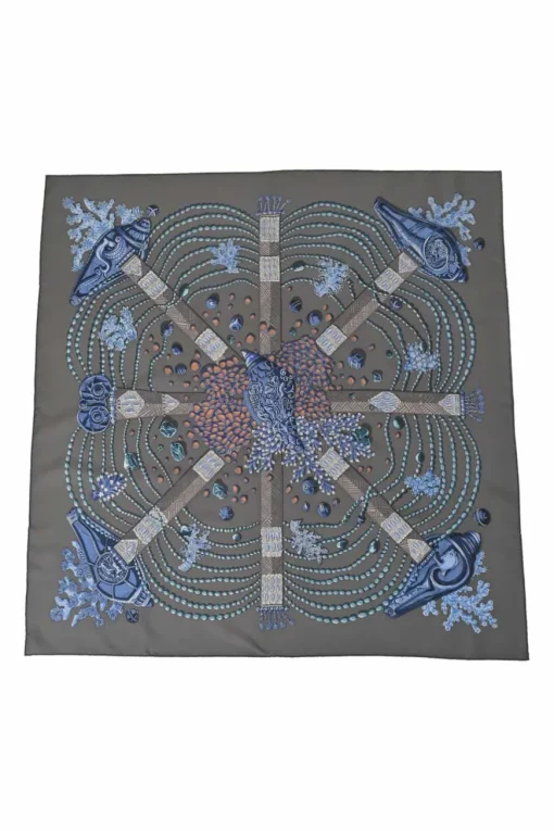 Charcoal silk 'Chemins De Corail' print scarf featuring original artwork by Annie Faivre