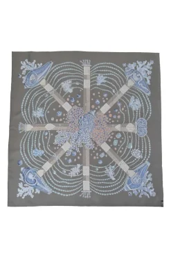 Charcoal silk 'Chemins De Corail' print scarf featuring original artwork by Annie Faivre