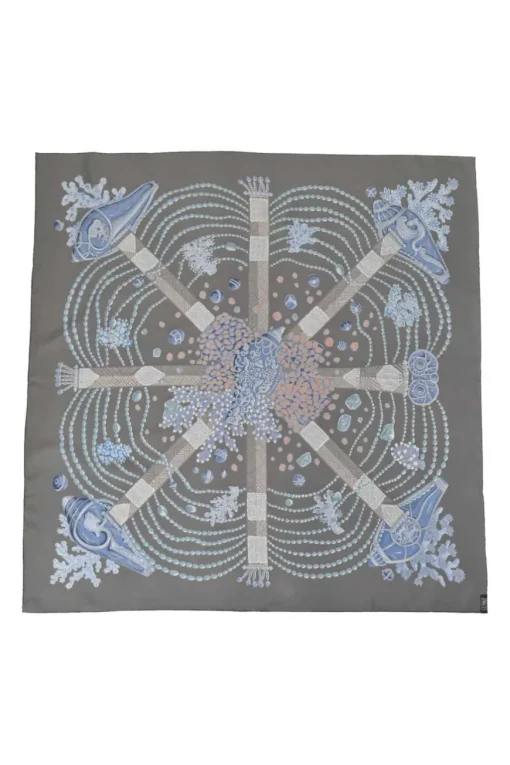 Charcoal silk 'Chemins De Corail' print scarf featuring original artwork by Annie Faivre