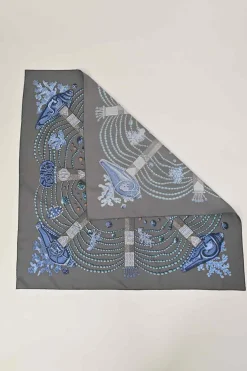 Charcoal silk 'Chemins De Corail' print scarf featuring original artwork by Annie Faivre
