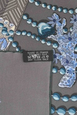 Charcoal silk 'Chemins De Corail' print scarf featuring original artwork by Annie Faivre
